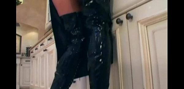  Brunette fucks in latex lingerie boots and gloves